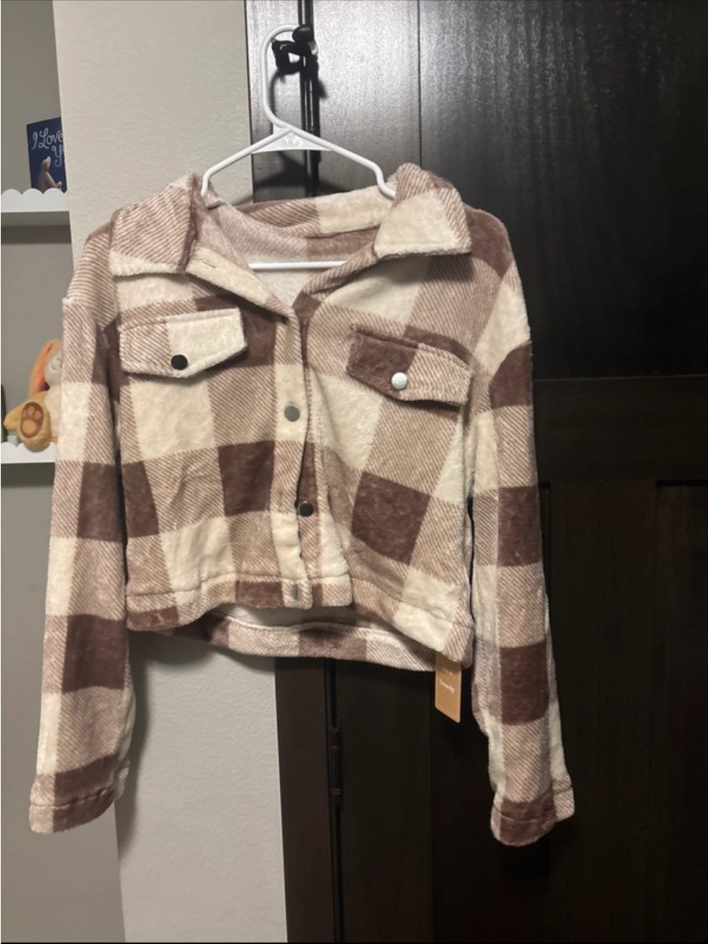SHEIN Cropped Plaid Button-Down Shacket in Cream and Brown